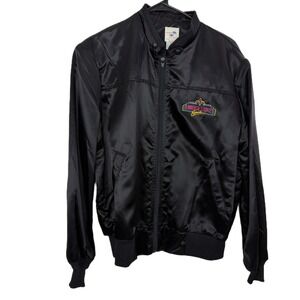 Vtg 80s Universal Studios Satin Bomber Jacket Womens Medium Black Neon Embroider